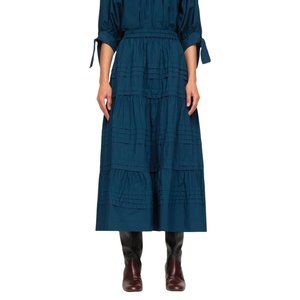 Sea New York Gaia Pintucked Midi Skirt Womens M Aegean Blue Cotton Cottagecore
